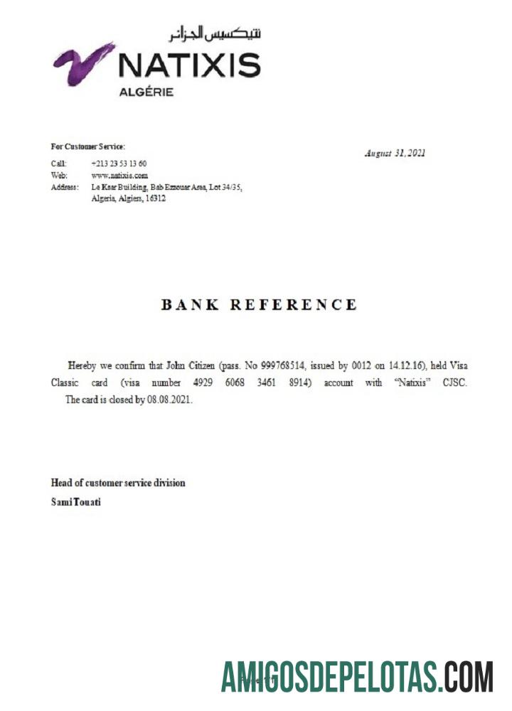 Referência de fechamento do banco Argélia Natixis Algerie baixar para verificação